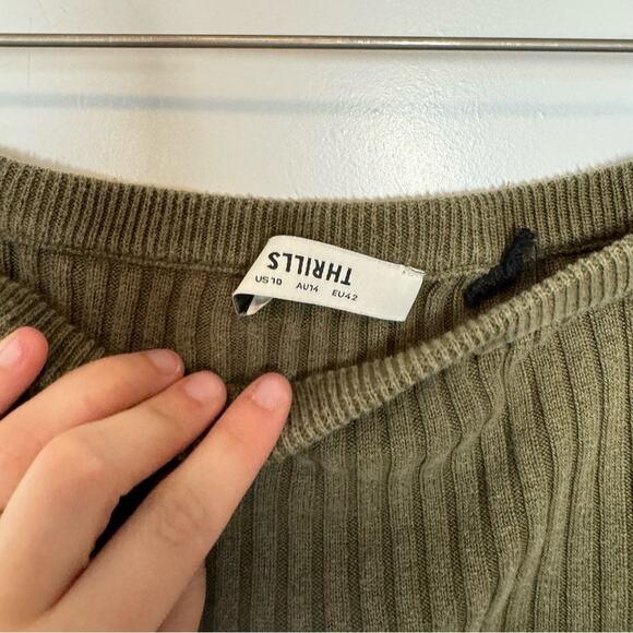 Thrills Bronte Olive Green Ribbed Knit Stretch Midi Skirt Size 10 - Picture 3 of 5